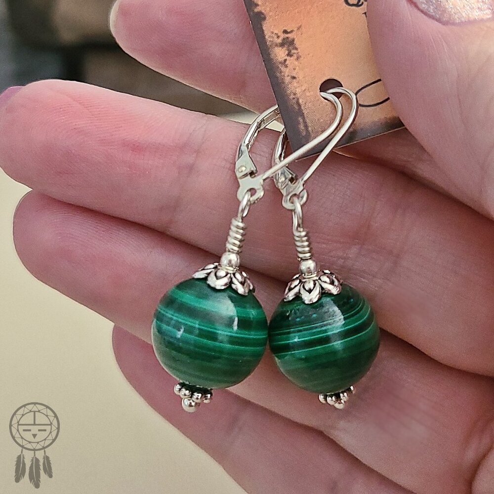 Natural Malachite Dangle Earrings 925 Sterling Silver Gemstone Jewelry - Picture 3 of 12
